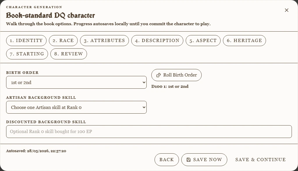 The book-standard character wizard at the Heritage step, with birth order, background skills, and save controls.