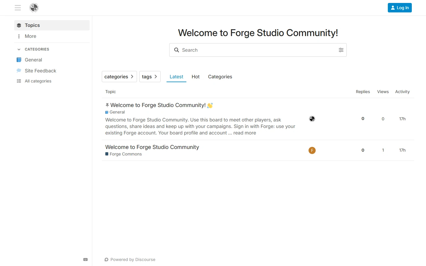 Forge Studio Community public board with categories, topic search, and welcome discussions.
