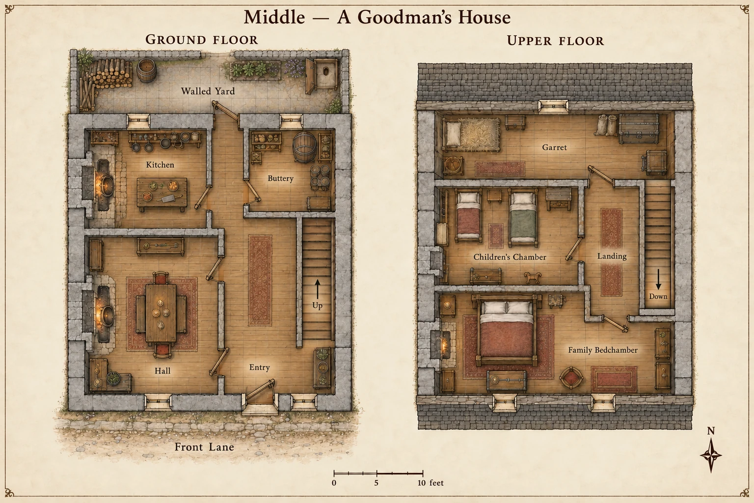 Ground-floor and upper-floor plans of a Goodman’s House, with living rooms, kitchen, workshop, garret, and bedchambers.