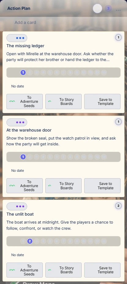 Action Plan with a prepared The missing ledger card, At the warehouse door, and The unlit boat.