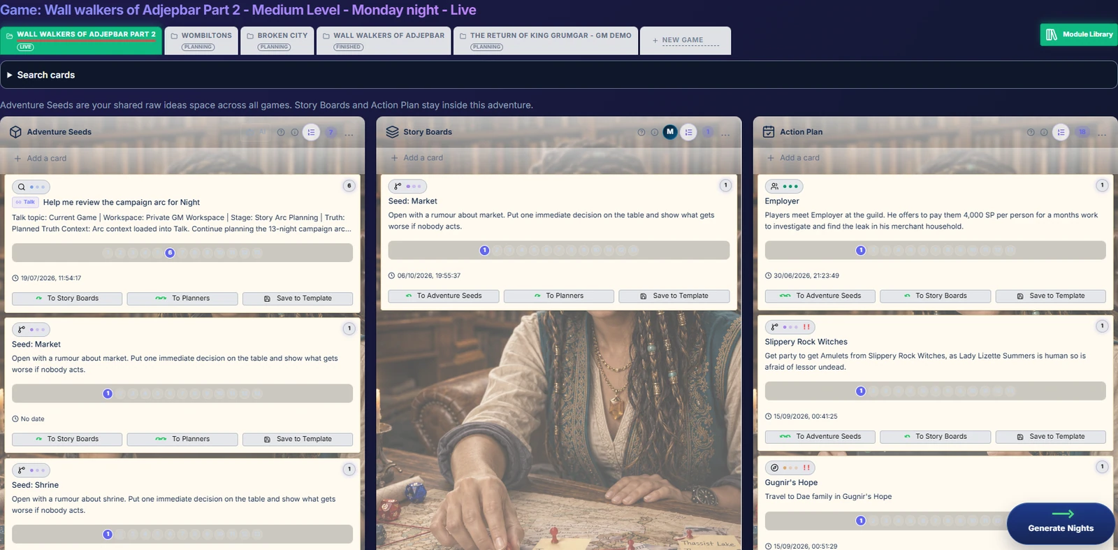 GM Mentor with Adventure Seeds, Story Boards, and Action Plan arranged in three columns.
