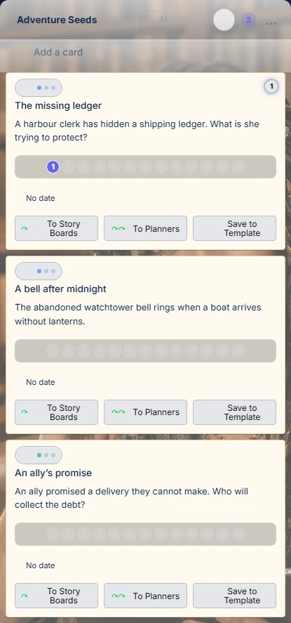 Adventure Seeds with The missing ledger, A bell after midnight, and An ally’s promise saved as rough ideas.