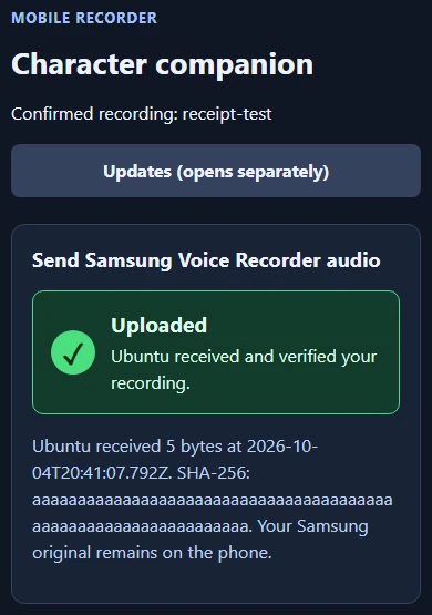 Mobile Recorder test example showing an uploaded native recording, received byte count, checksum, and a reminder that the original remains on the phone.
