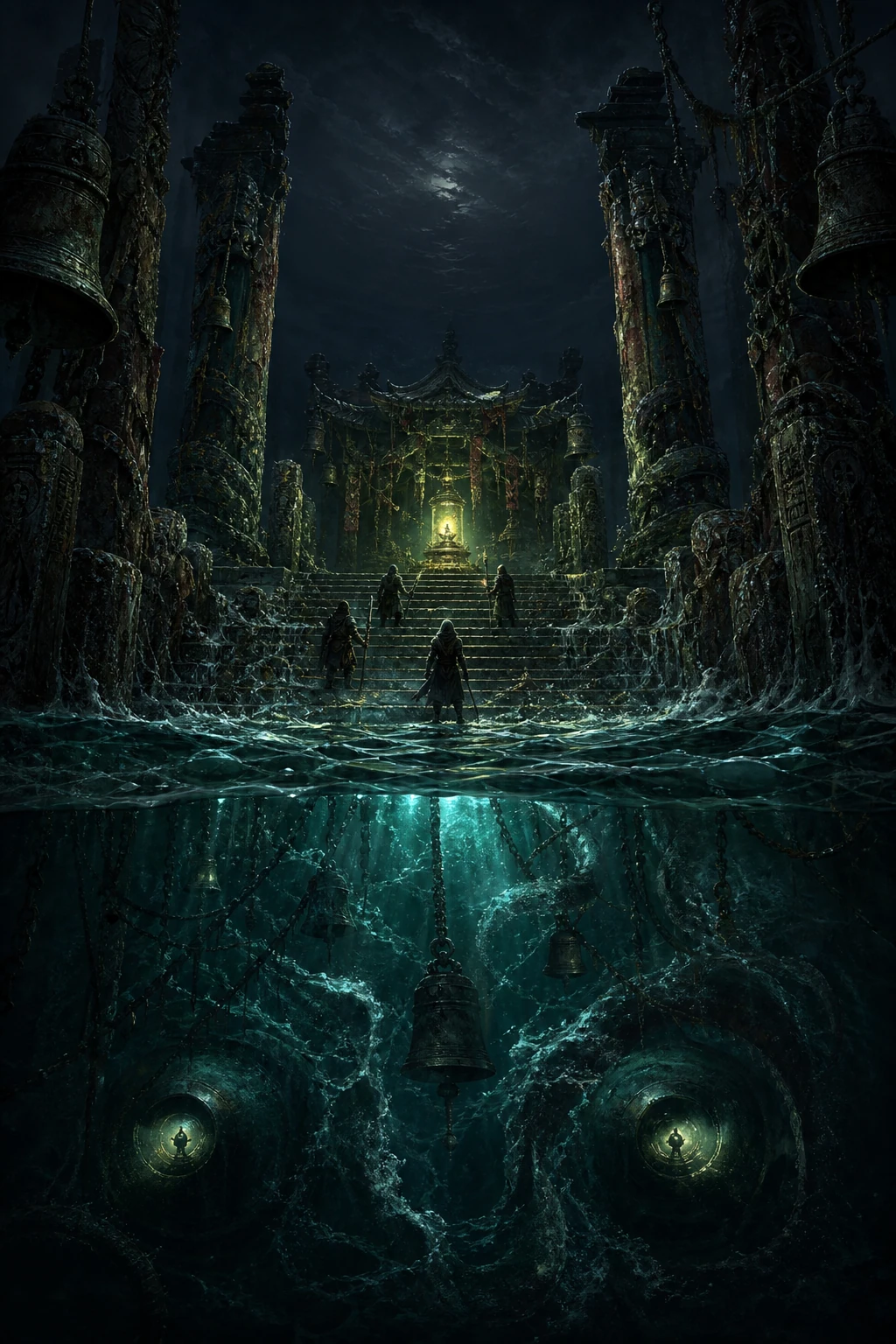 A lantern-lit, overgrown stone gateway reflected in dark water.