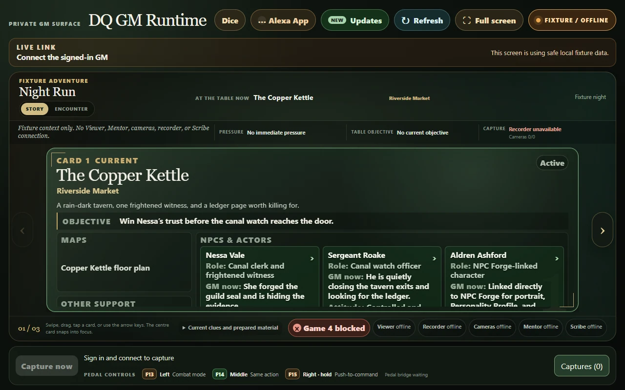 Runtime local demo showing the Copper Kettle story card, scene objective, maps, NPC references, and capture controls.