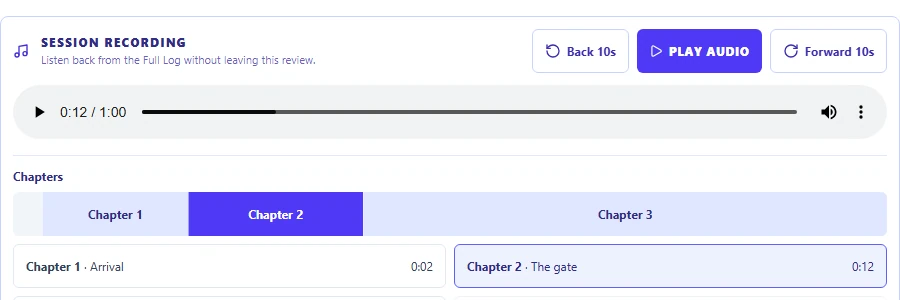 Scribe audio player with playback controls and three selectable chapters showing titles and start times.