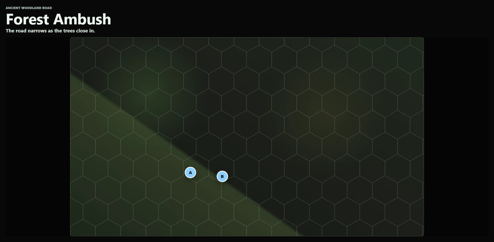 VTT Viewer displaying a Forest Ambush map with a hex grid and two player markers.